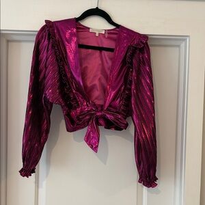 LoveShackFancy Metallic Fuchsia Tie-Front Crop Blouse